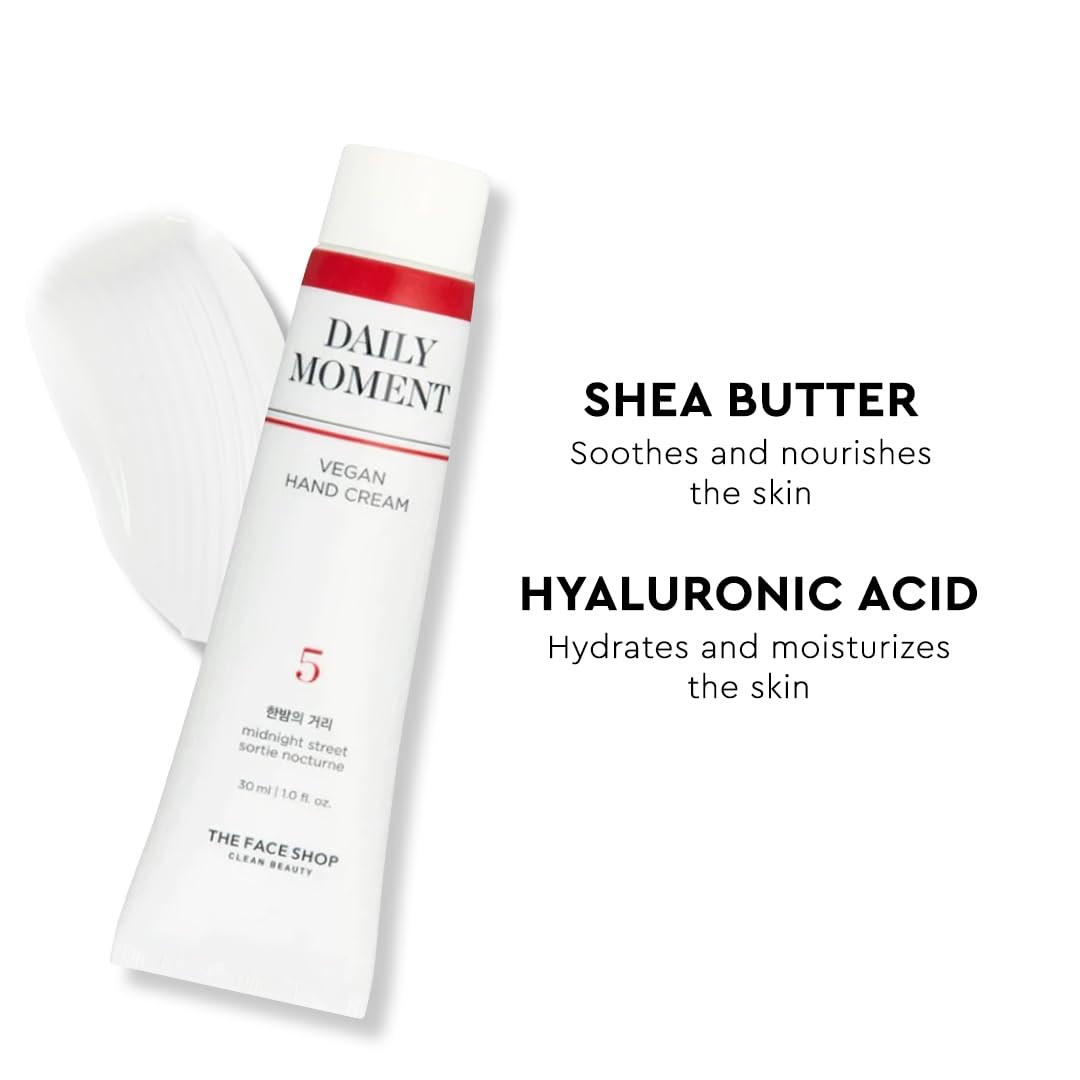 The Face Shop Daily Moment Vegan Hand Cream - Midnight Street with Hyaluronic Acid & Shea Butter, Non-Greasy & Fast Absorbing, 30ml - Perfect for Dry Hands, Office Use & On-the-Go Hydration