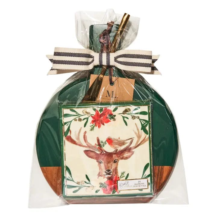 Reindeer-Themed Bamboo Cutting Board and Napkin Set - Christmas Kitchen Decor, Holiday Dinner Party Serving Essentials for Festive Entertaining
