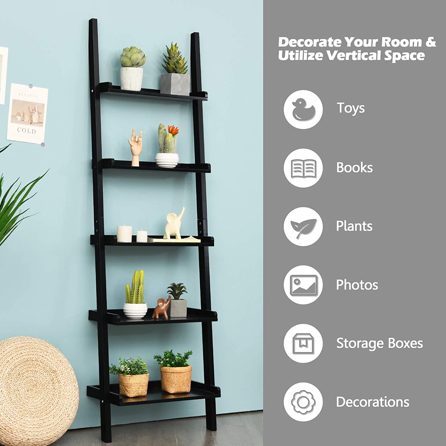 5-Tier Ladder Shelf - Rustic Wood Wall-Leaning Bookshelf & Storage Organizer for Living Room, Bathroom, Office - Perfect for Home Decor, Book Display & Space Saving (Black)