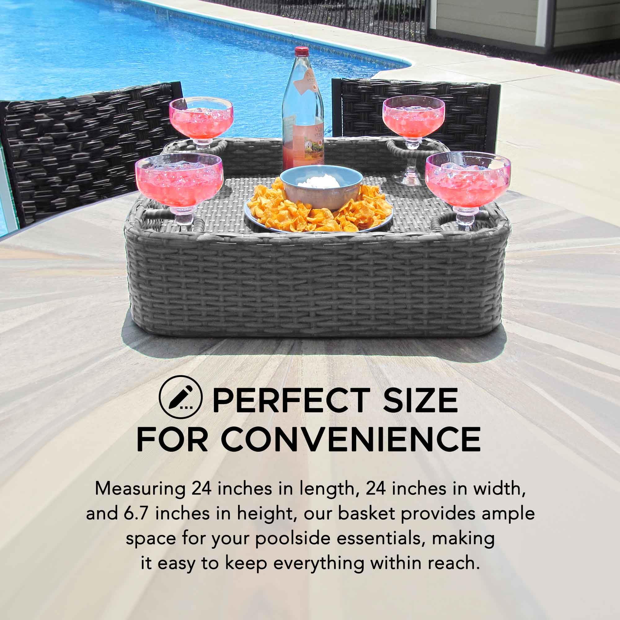 Sunjoy 24x24 Inch Floating Pool Tray with Aluminum Frame - Durable Wicker Design for Drinks, Snacks & Essentials - Fits Most Swimming Pools - Perfect for Pool Parties, Relaxation & Summer Fun - Grey
