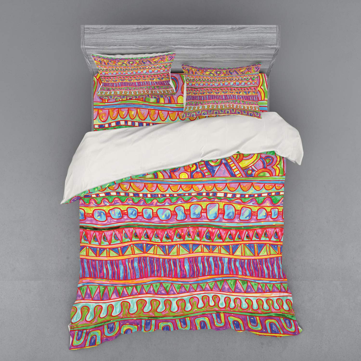 Ambesonne Vibrant Geometric Duvet Cover Set - 4 Piece Queen Size Bedding with Abstract Art Design, Includes Shams & Fitted Sheet - Perfect for Modern Bedrooms & Guest Rooms