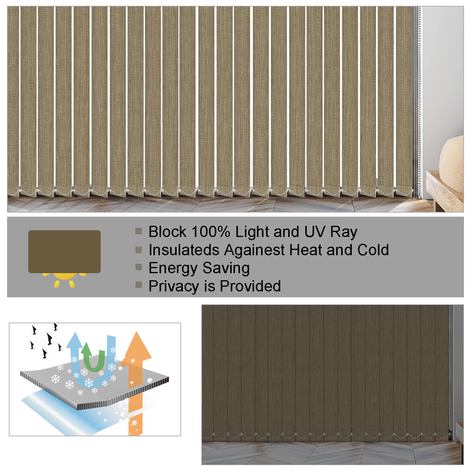 100% Blackout Vertical Window Shades - 3.5 Inch Slat Fabric Thermal Insulated Energy Saving UV Protection Vertical Blinds (Light Brown) for Living Room, Bedroom & Office