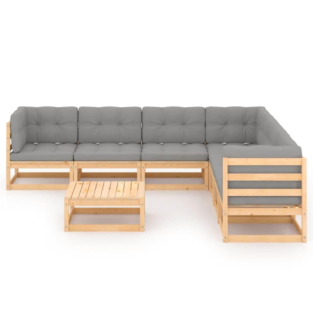vidaXL 8-Piece Patio Lounge Set with Cushions - Solid Pinewood Outdoor Furniture in Grey & Brown - Perfect for Backyard, Garden, and Poolside Relaxation