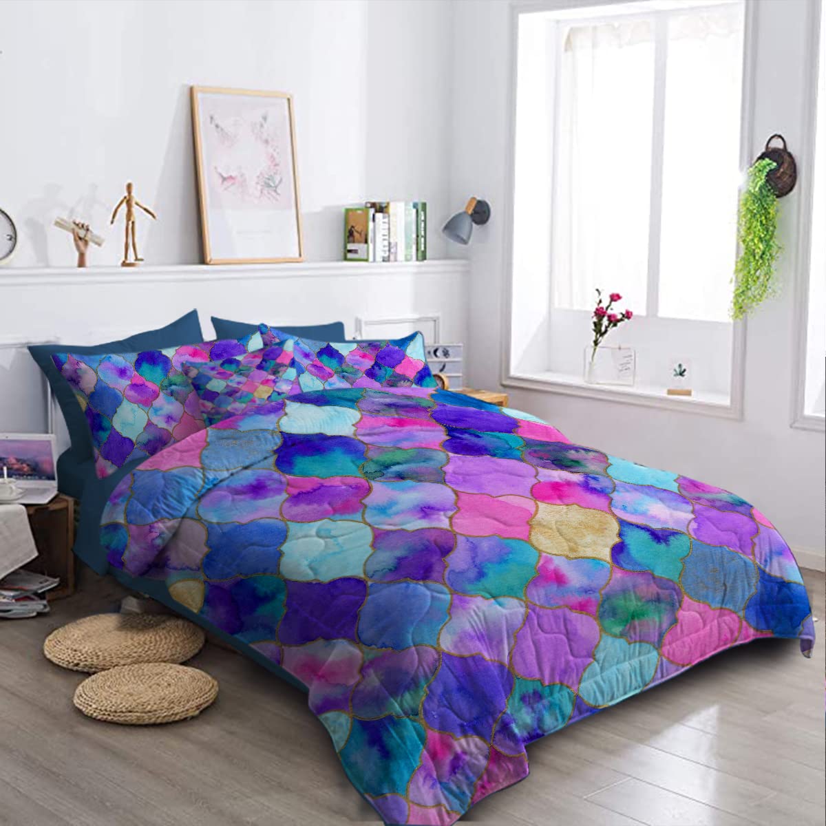 BlessLiving 8-Piece Boho Comforter Set Full Size - Mediterranean Style All Season Bed in a Bag with Down Alternative Comforter & Sheets (Purple, Blue, Pink) for Cozy Bedroom Decor & Guest Room Makeover