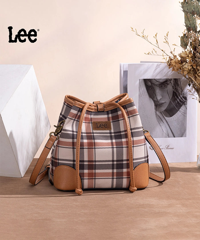LEE Plaid Canvas Drawstring Bucket Crossbody Bag for Women - Stylish & Versatile Shoulder Purse - Perfect for Travel, Shopping & Everyday Use