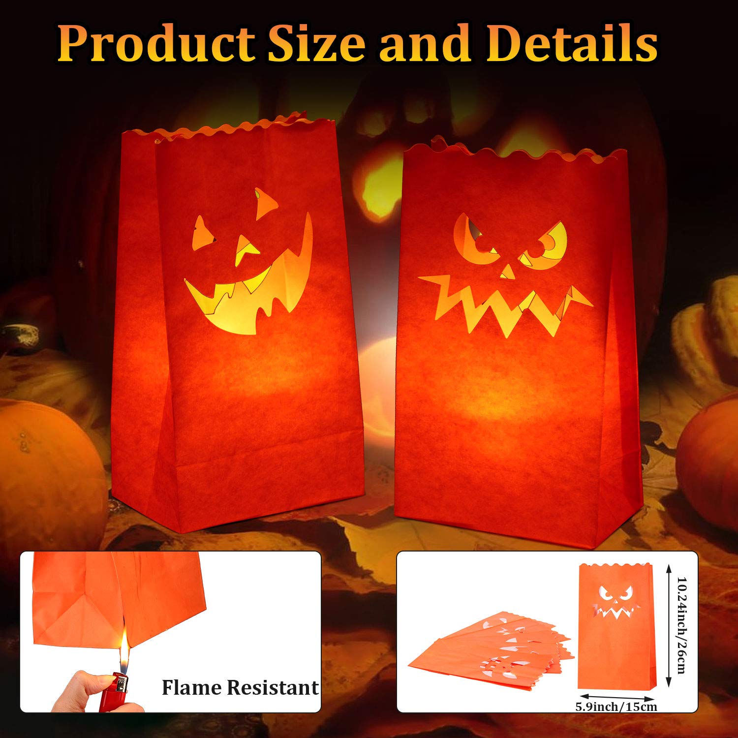 20-Pack Halloween Luminary Candle Bags - Flame Resistant Pumpkin Grimace Design for Spooky Decorations | Perfect for Halloween Party, Porch Decor & Trick-or-Treat Night