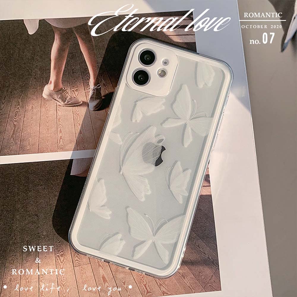 Fycyko iPhone 12 Case - Clear Cute Butterfly Design Slim Soft TPU Protective Cover for Women & Girls | Perfect for Everyday Use, Work & School (White)