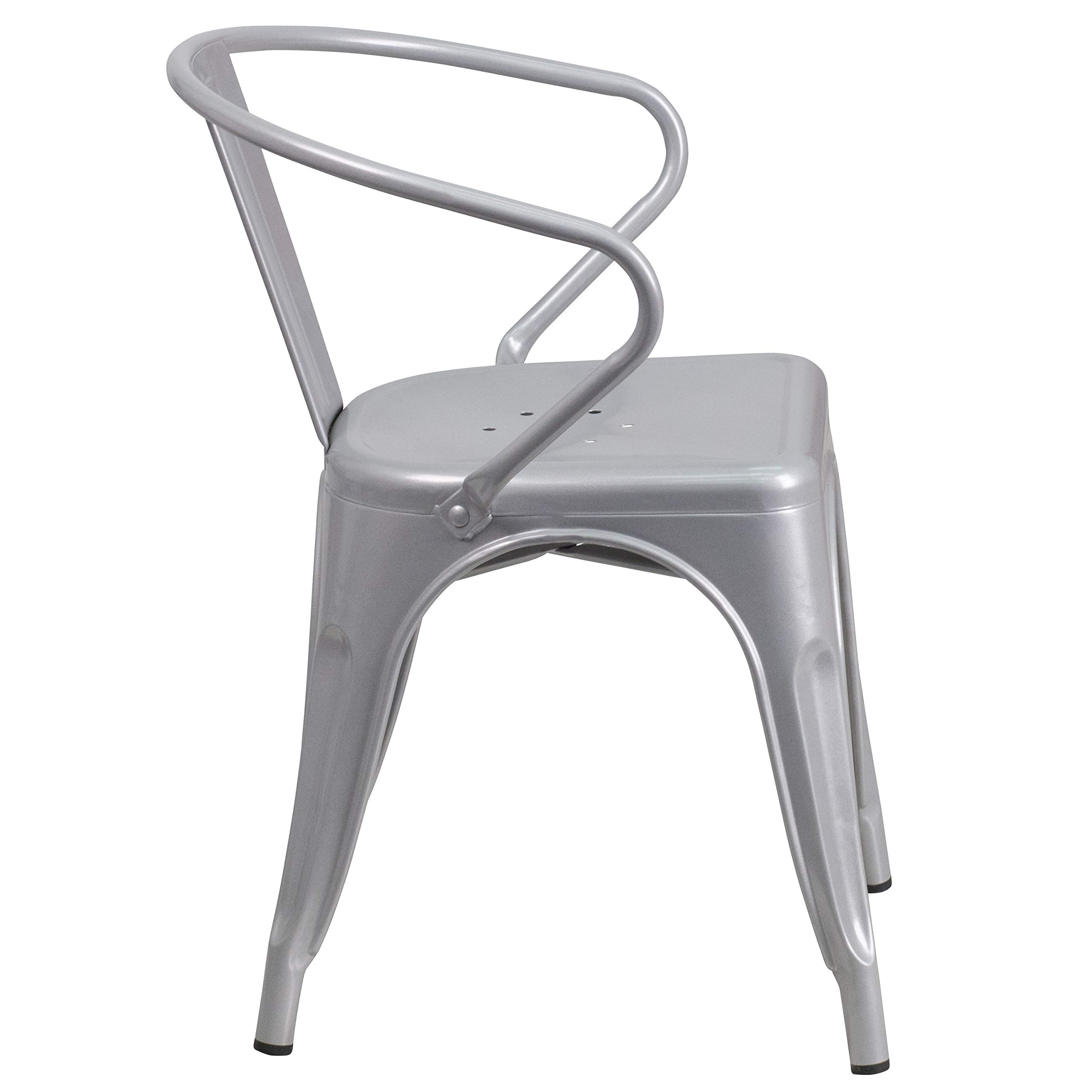 4 Pack Silver Metal Indoor-Outdoor Arm Chairs - Durable Restaurant & Cafe Furniture for Dining, Patio, Garden and Outdoor Seating