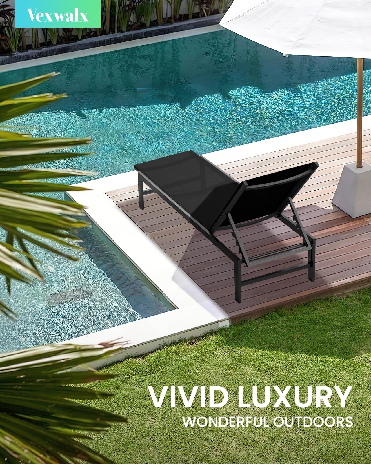 5-Position Reclining Aluminum Outdoor Lounge Chair - Patio Chaise Lounge for Poolside, Backyard, Deck & Lawn - Durable & Weather-Resistant Black Pool Chair for Sunbathing & Relaxation