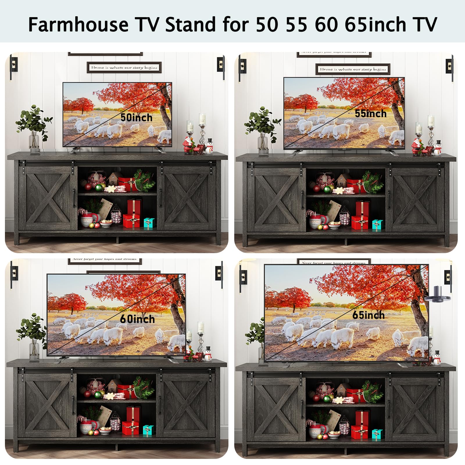 Rustic Farmhouse TV Stand for 50-65 Inch TVs with Adjustable Shelves & Sliding Barn Doors - Dark Grey Wooden Entertainment Center for Living Room, Bedroom (58 Inch) - Perfect for Modern Farmhouse Decor & Small Space Storage Solutions