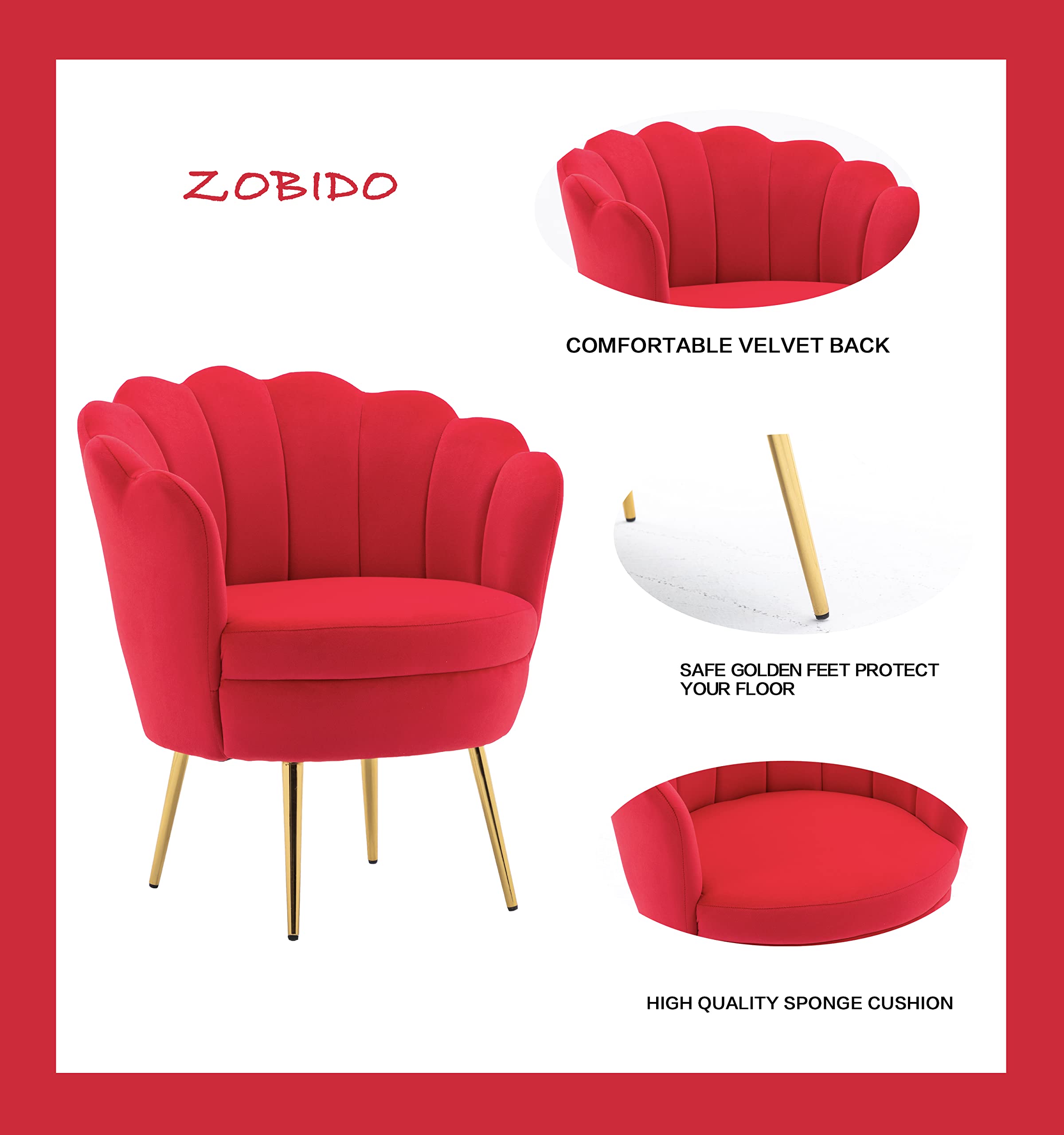 ZOBIDO Modern Velvet Accent Chair - Upholstered Armchair with Golden Metal Legs for Bedroom, Living Room & Dining Room | Comfy Makeup Vanity Chair & Stylish Desk Chair (Red)