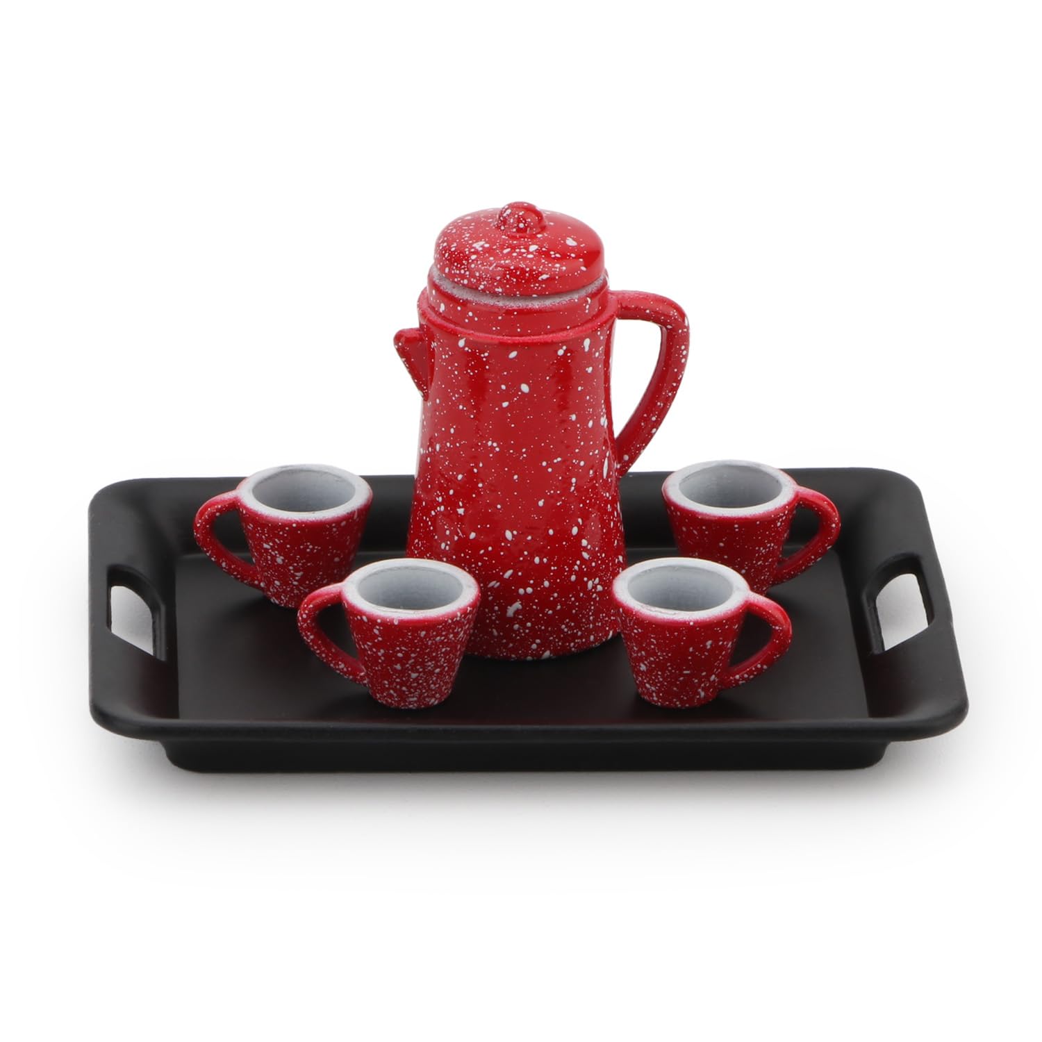 1:12 Scale Miniature Spotted Coffee Pot Set with 4 Cups & Tray - Japanese Style Dollhouse Kitchen Accessories for Dollhouse Decor & Tea Party Scenes (Red)