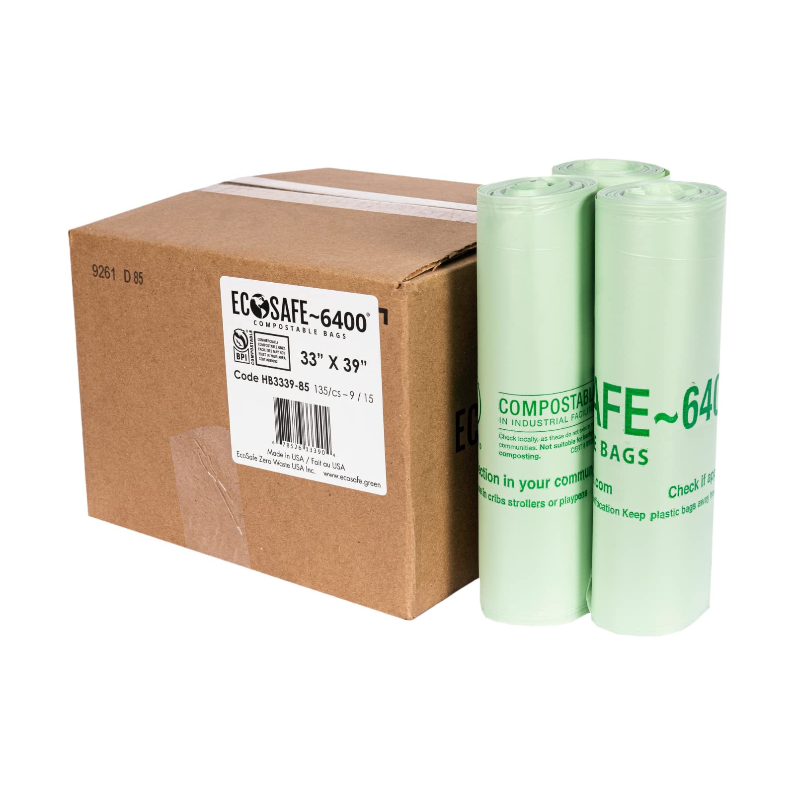 EcoSafe-6400 HB3339-85 Certified Compostable Bags 33x39 Inch - 135 Pack Heavy Duty Leak Proof & Tear Resistant Trash Liners for 35 Gallon Bin - Perfect for Kitchen Food Waste, Yard Composting & Eco-Friendly Disposal