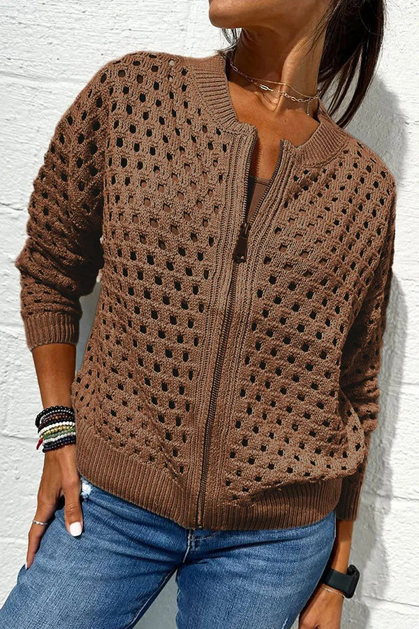 Solid Color Casual Knit Hollow Zipper Jacket for Women - Lightweight Open Front Cardigan for Spring & Fall Layering