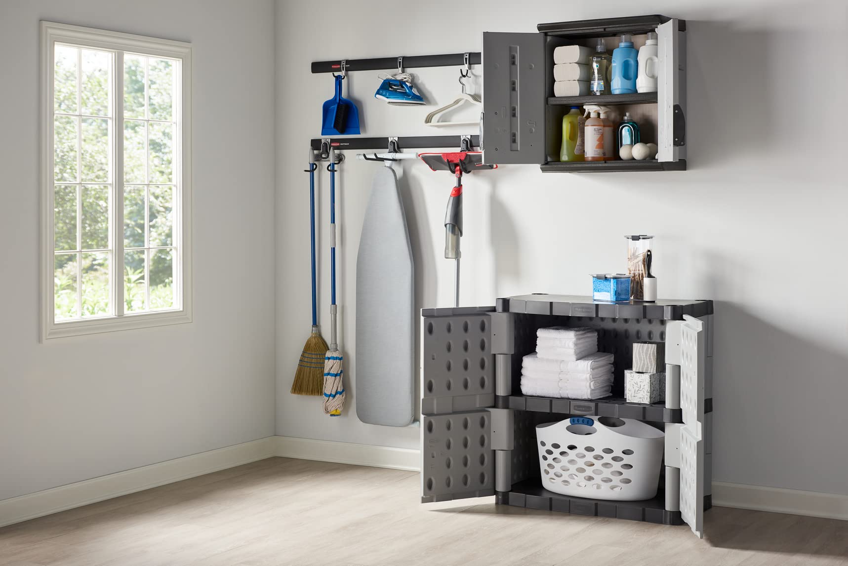 Rubbermaid Heavy Duty Wall Mounted Storage Cabinet - 150 lb Capacity, Lockable Gray 3-Shelf Organizer for Tools, Car Accessories & Cleaning Supplies | Perfect for Garage, Home & Outdoor Storage Organization