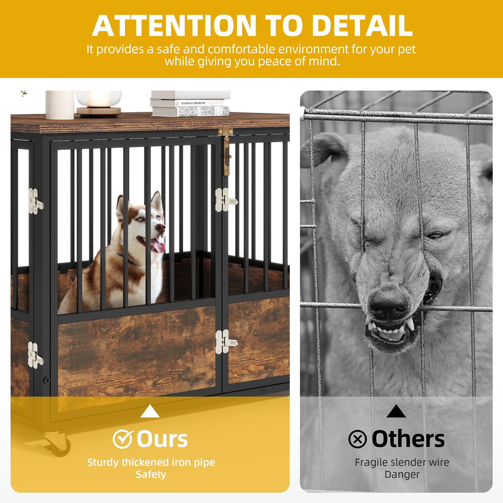 DWVO 43 Inch Rustic Brown Farmhouse Dog Crate Furniture with Wheels - Chew-Resistant Wooden Dog Kennel Indoor End Table with Double Doors | Perfect for Living Room, Bedroom & Home Decor