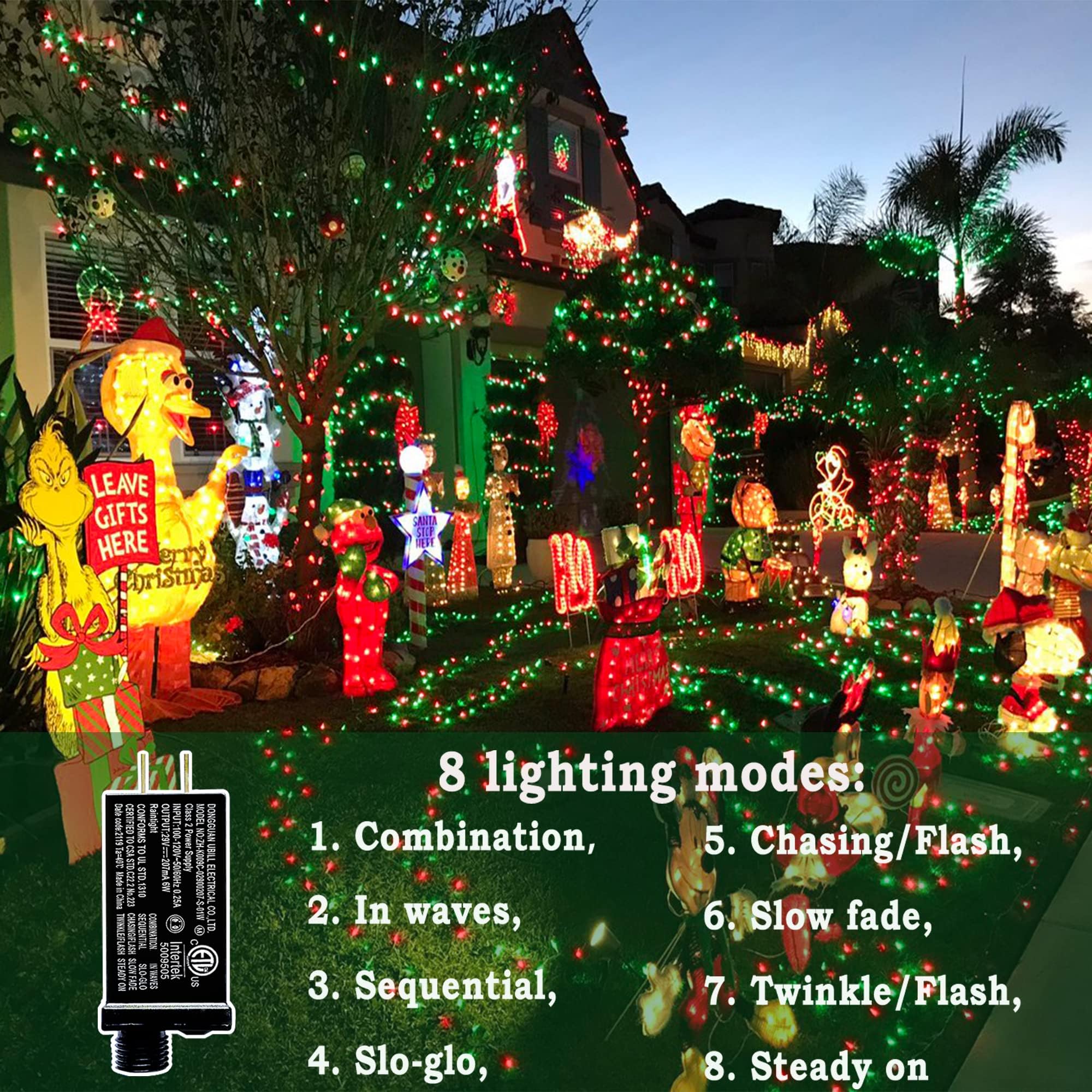 KNONEW 500 LED 197ft Outdoor Christmas String Lights - 8 Modes with Memory Function, Waterproof Plug-in Fairy Lights for Xmas Tree, Yard, Wedding & Party Decorations (Red & Green) - Perfect for Holiday, Garden, Patio and Indoor Festive Lighting