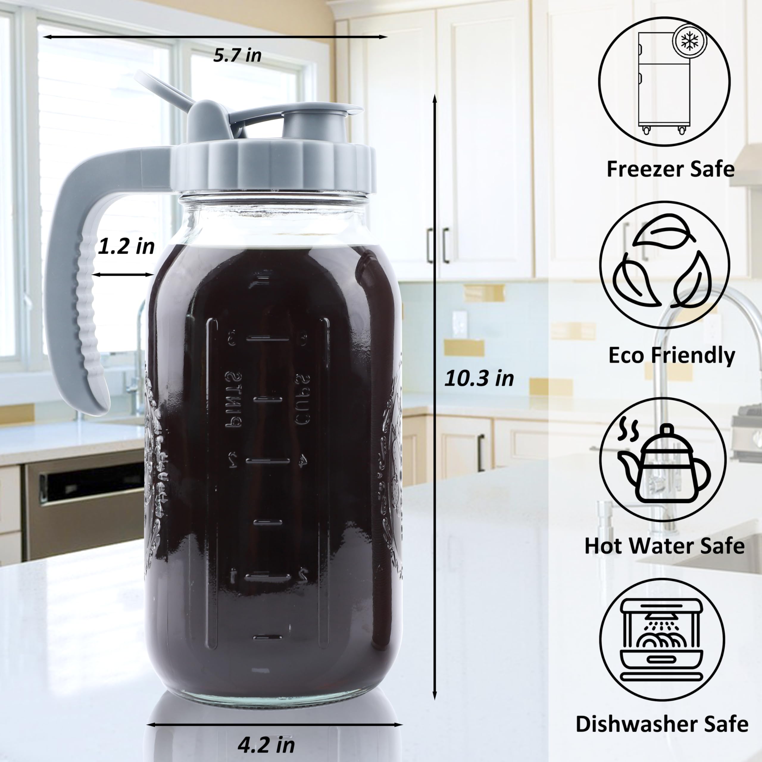 64oz Cold Brew Coffee Maker with Infuser - 2 Quart Wide Mouth Mason Jar Pitcher, Leakproof Lid & Handle - Half Gallon Iced Coffee Maker for Refrigerator - Perfect for Home, Office & Outdoor Use