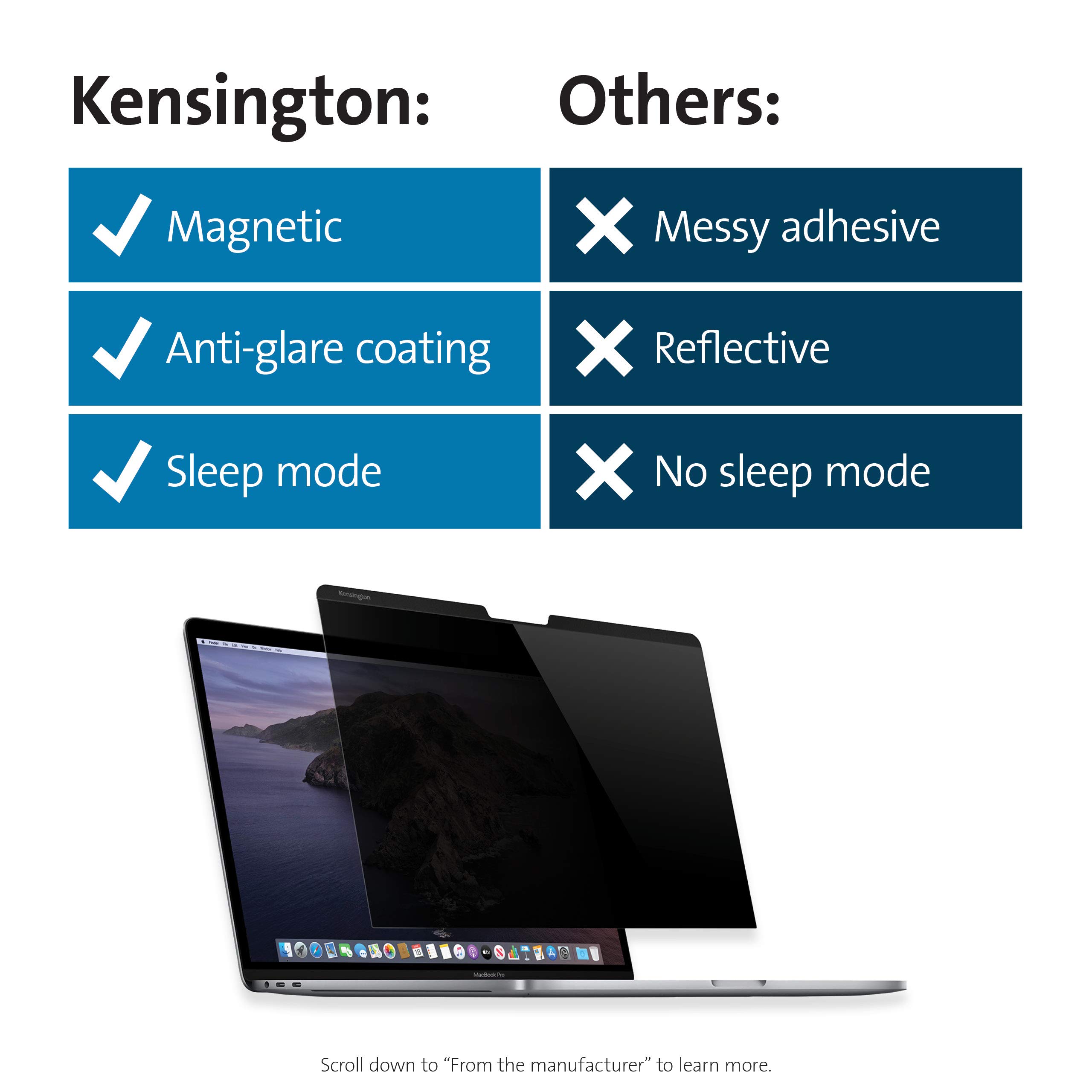 Kensington MP15 MacBook Pro Magnetic Privacy Screen Filter for 15-inch 2016-2019 MacBook Pro (K64491WW) - Anti-Glare & Blue Light Protection for Office & Public Use