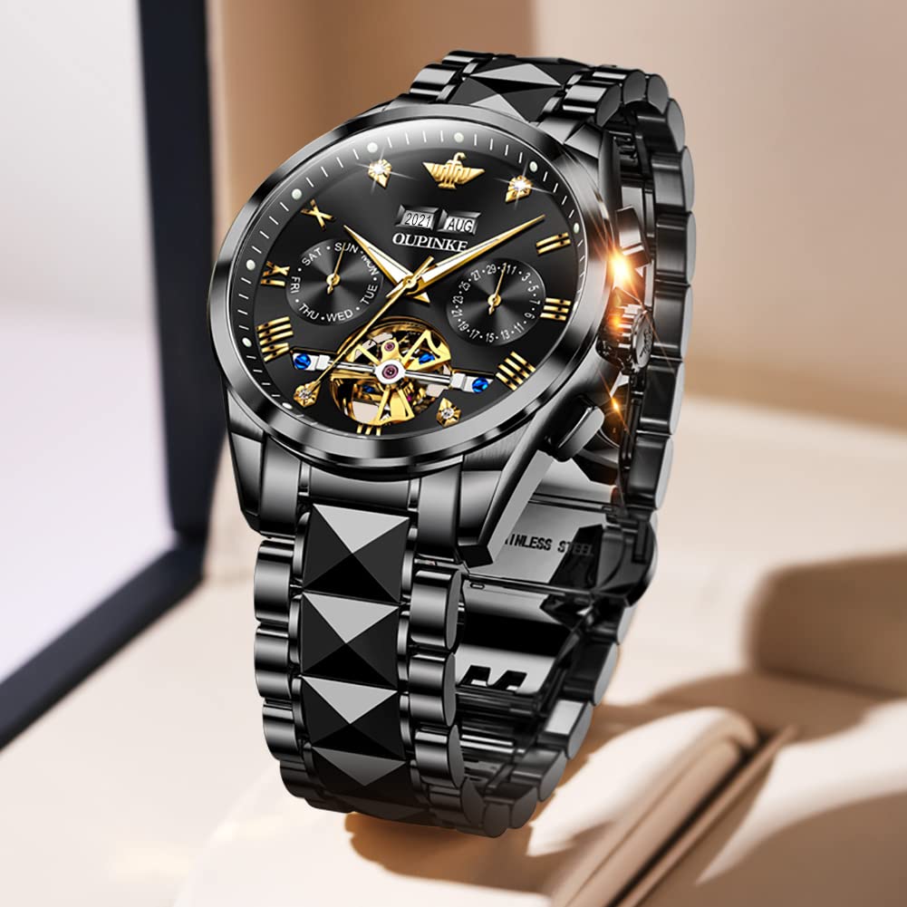 OUPINKE Men's Luxury Automatic Skeleton Watch with Diamond Accents - Self-Winding Dress Watch with Sapphire Crystal & Tungsten Steel Band - Perfect for Business, Formal Events & Gift Giving