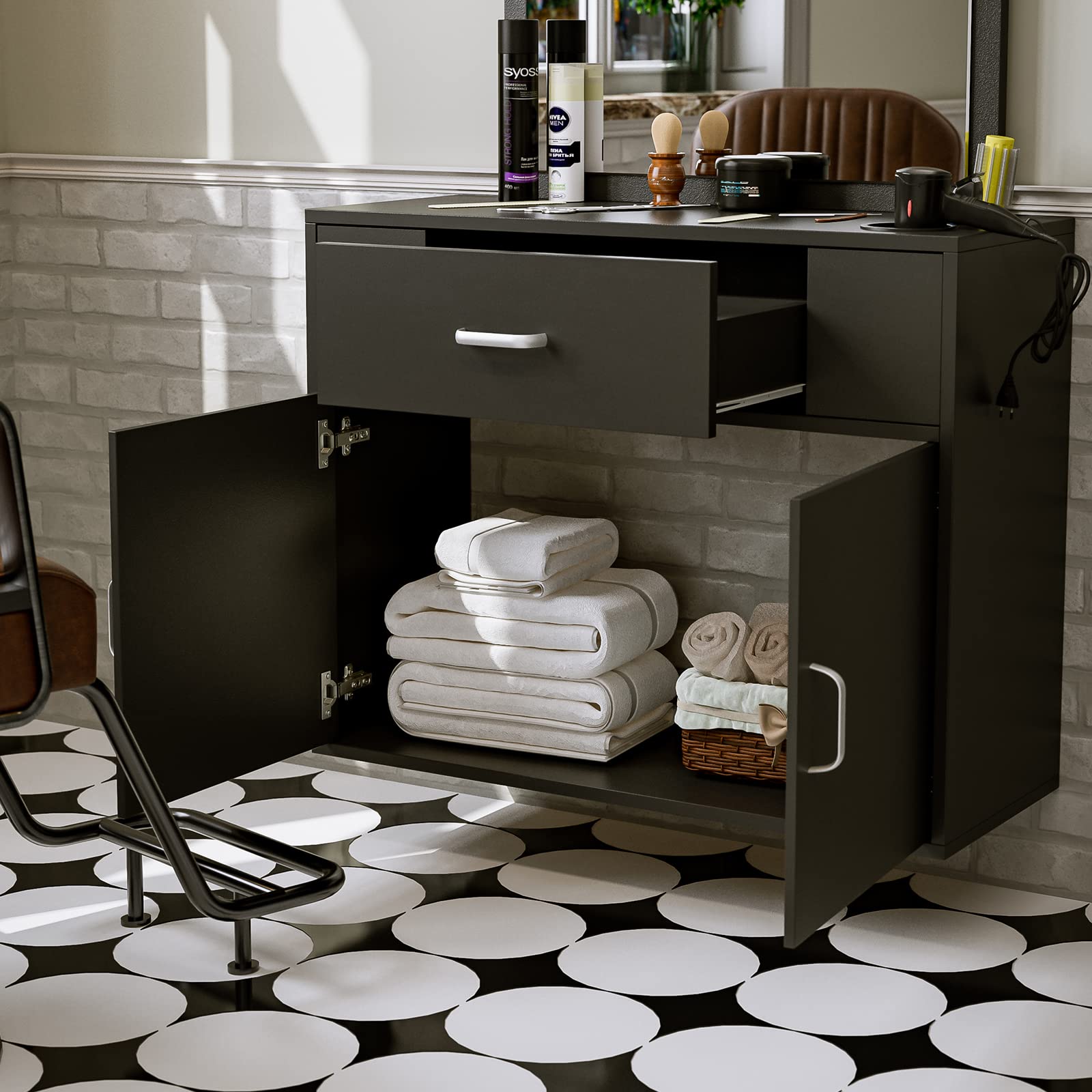 Wall Mount Salon Station with Mirror - Professional Styling & Barber Station for Spa & Salon - Includes Appliance Holders, Drawer & Storage Cabinet (Black) - Perfect for Hair Styling, Makeup Application & Salon Organization