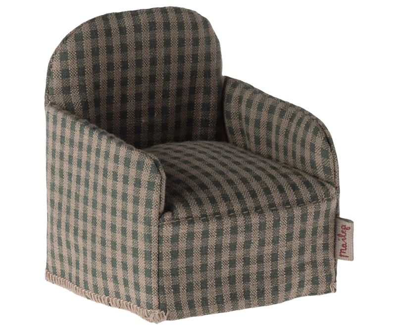 Maileg Green Checker Chair & Mouse Set - Adorable Miniature Play Furniture for Dollhouses & Kids' Pretend Play