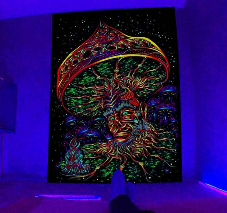 Official Manshroom Glow Tapestry - UV Reactive Wall Art Decor for Bedroom, Living Room & Festival Lighting