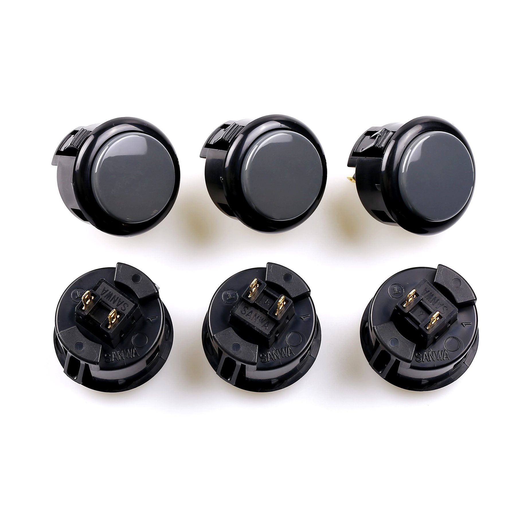 Original SANWA 6-Piece OBSF-30 30mm Arcade Push Buttons - Compatible with JAMMA Video Games & Fighting Sticks (Black/Gray) - Perfect for Arcade Cabinet Builds & DIY Gaming Controllers