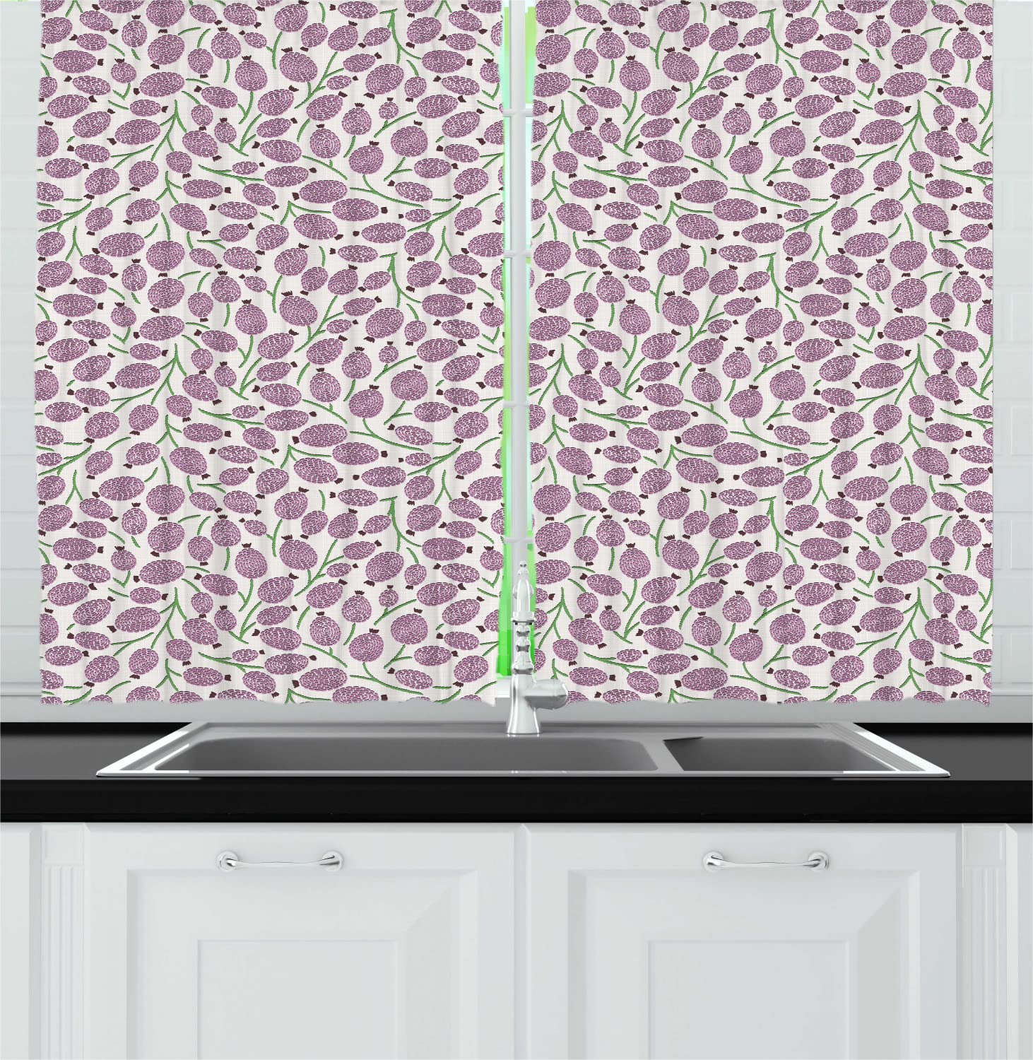 Ambesonne Floral Kitchen Curtains - Russian Folk Art Inspired Botanical Drapes with Rod Pocket, 55