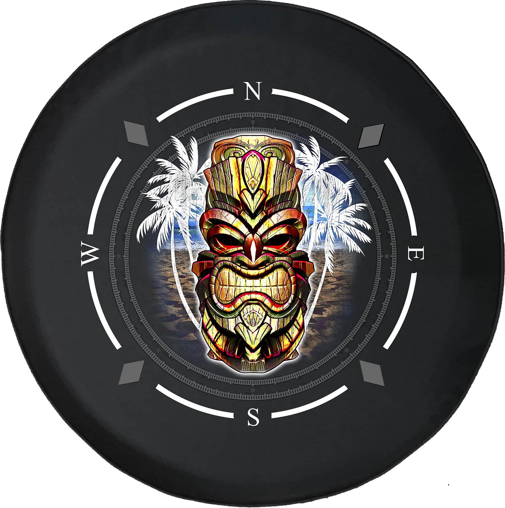 American Unlimited Spare Tire Cover with Compass & Tiki Island Totem Design - Universal Fit for SUV, Trailer, RV & Most Vehicles | Durable Wheel Protector for Outdoor Adventures & Road Trips