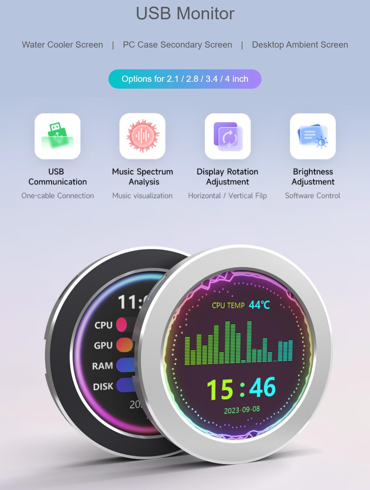 TUOPUONE 3.4 Inch USB Monitor - AIO LCD Screen for PC CPU Cooler Display with RGB Ambient Lighting & Music Spectrum Analysis - Silver | Perfect for Gaming Rigs, Custom PC Builds & Desktop Aesthetic Enhancement