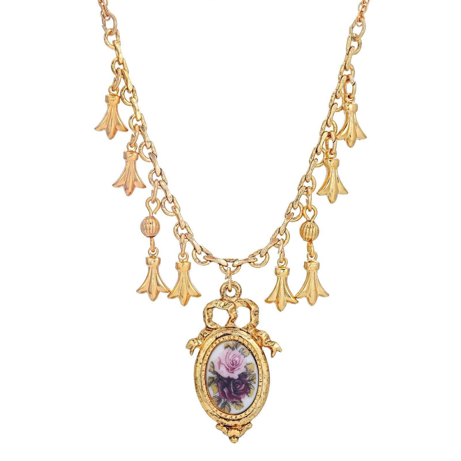 1928 Jewelry Manor House Pink & Purple Rose Pendant Charm Necklace - 16