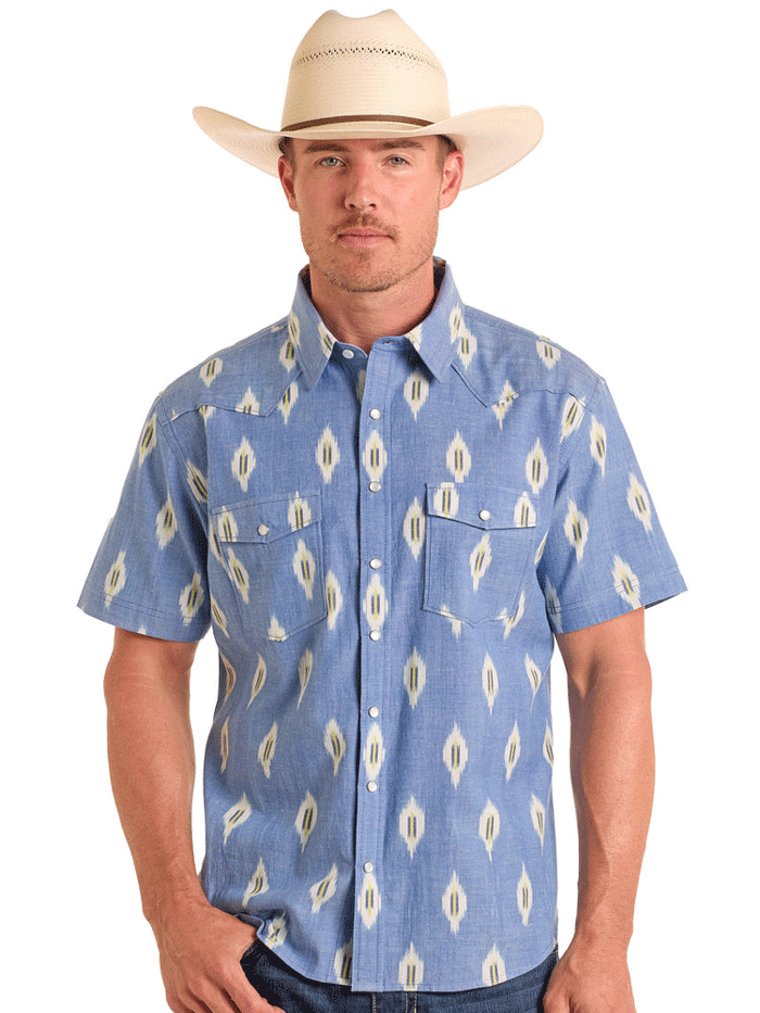 Men's Light Blue Ikat Print Short Sleeve Snap Button Shirt - Casual Summer Wear for Beach, Vacation & Outdoor Activities