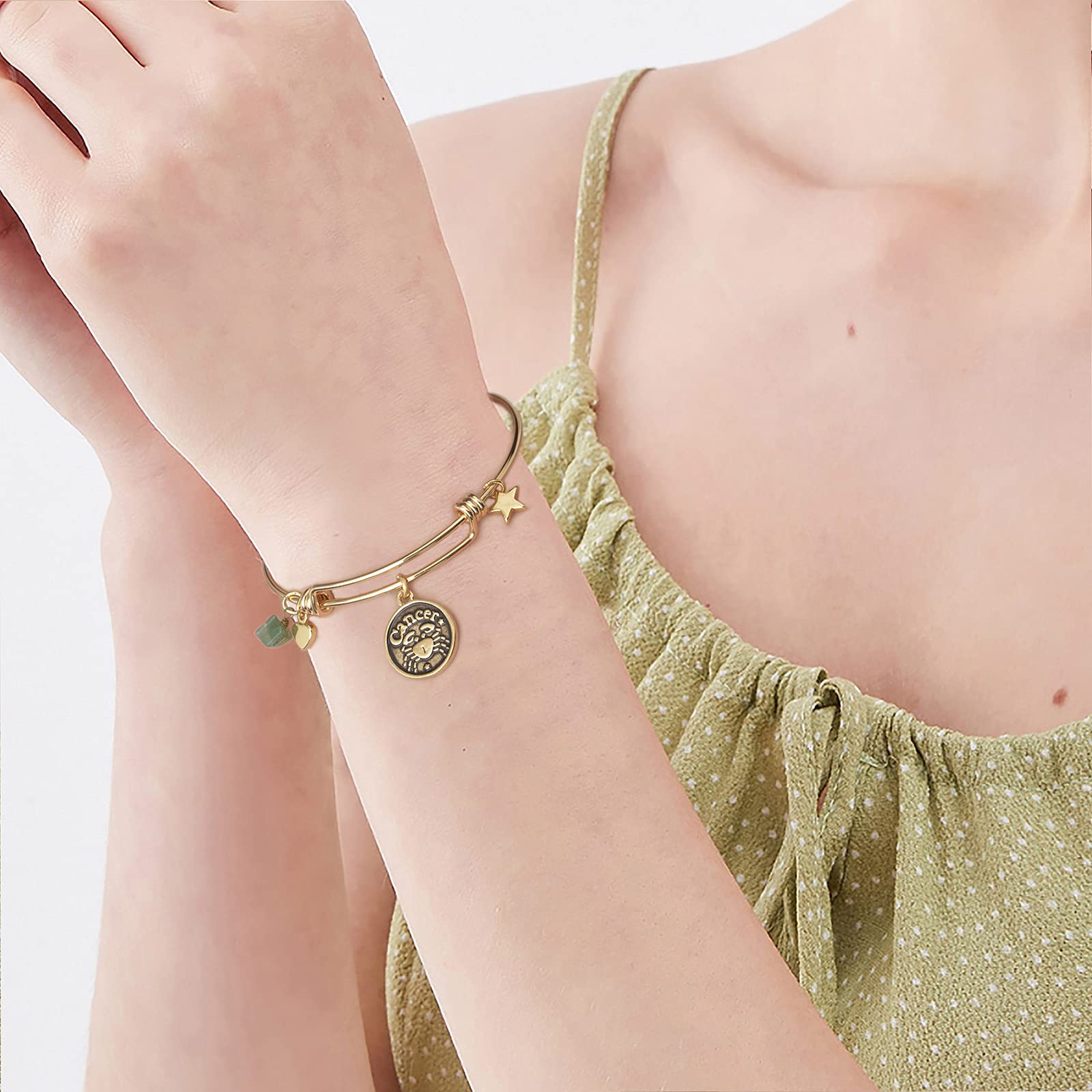 Gold Plated Zodiac Bracelet for Women - Retro Constellation Sign Expandable Bangle with Gemstone Charms - Perfect for Birthday Gifts, Astrology Lovers & Everyday Fashion Jewelry
