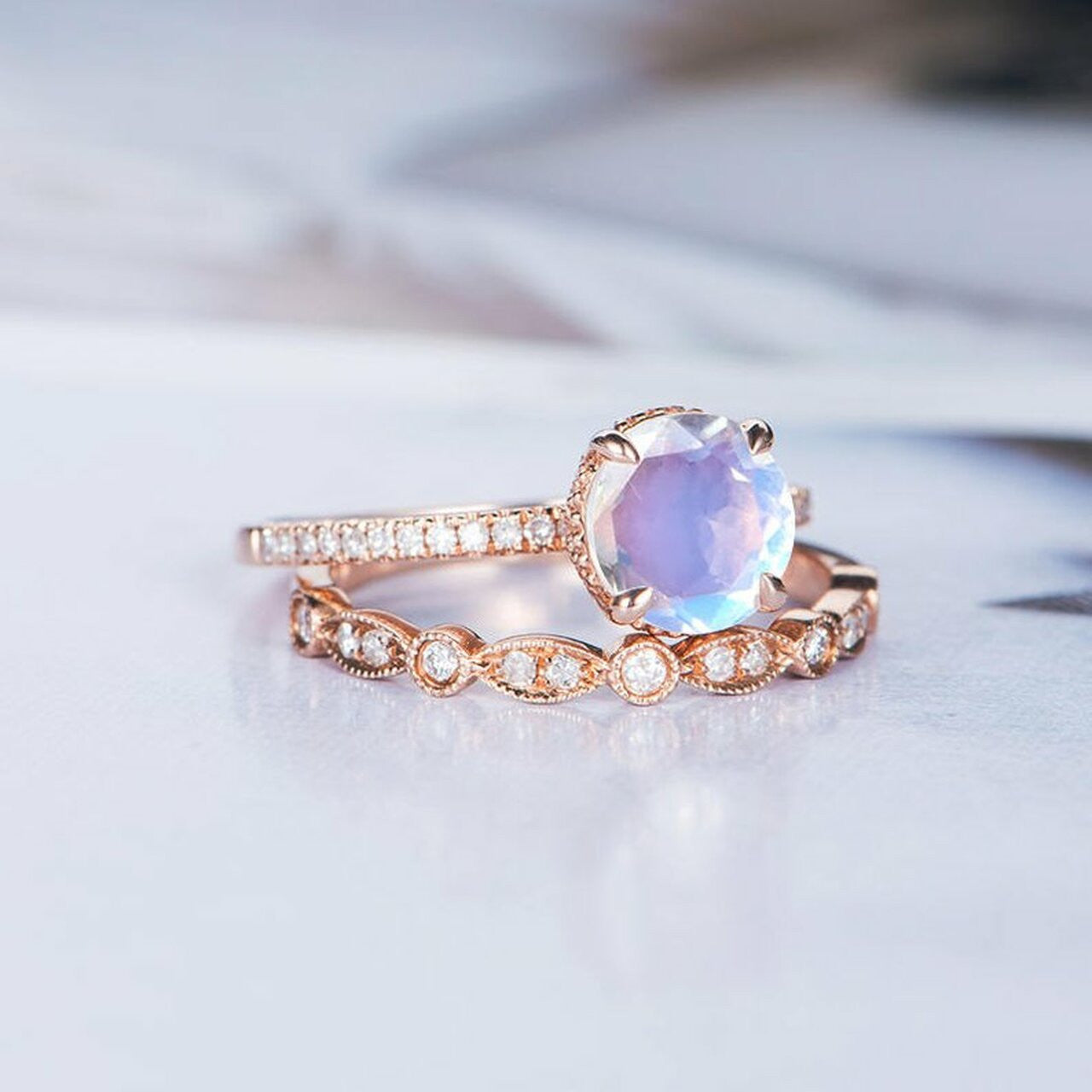 Vintage Rainbow Moonstone Diamond Rose Gold Engagement Ring Set - 2 Piece Bridal Jewelry for Wedding, Proposal & Anniversary Gifts