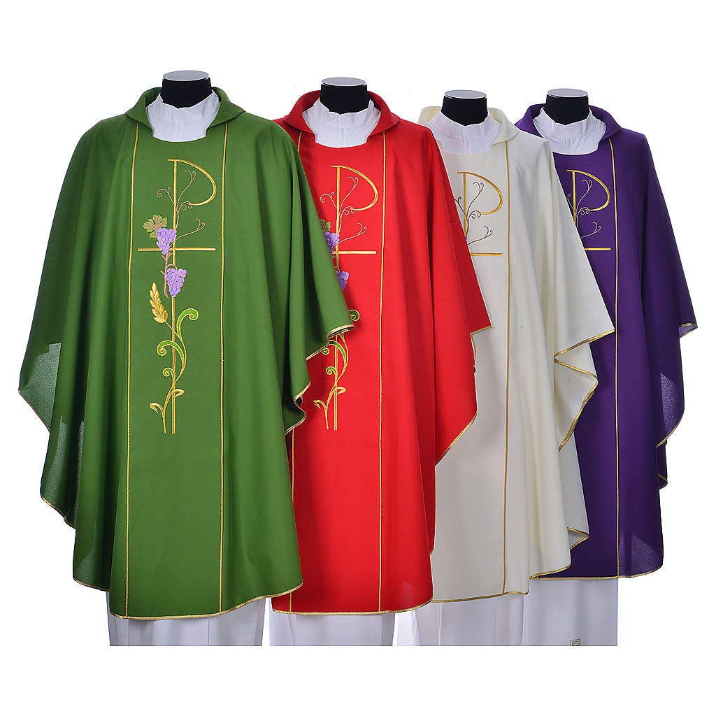 100% Polyester Chasuble with Chi-Rho, Ears of Wheat & Grapes Design - Red Liturgical Vestment for Catholic Mass, Communion & Church Services