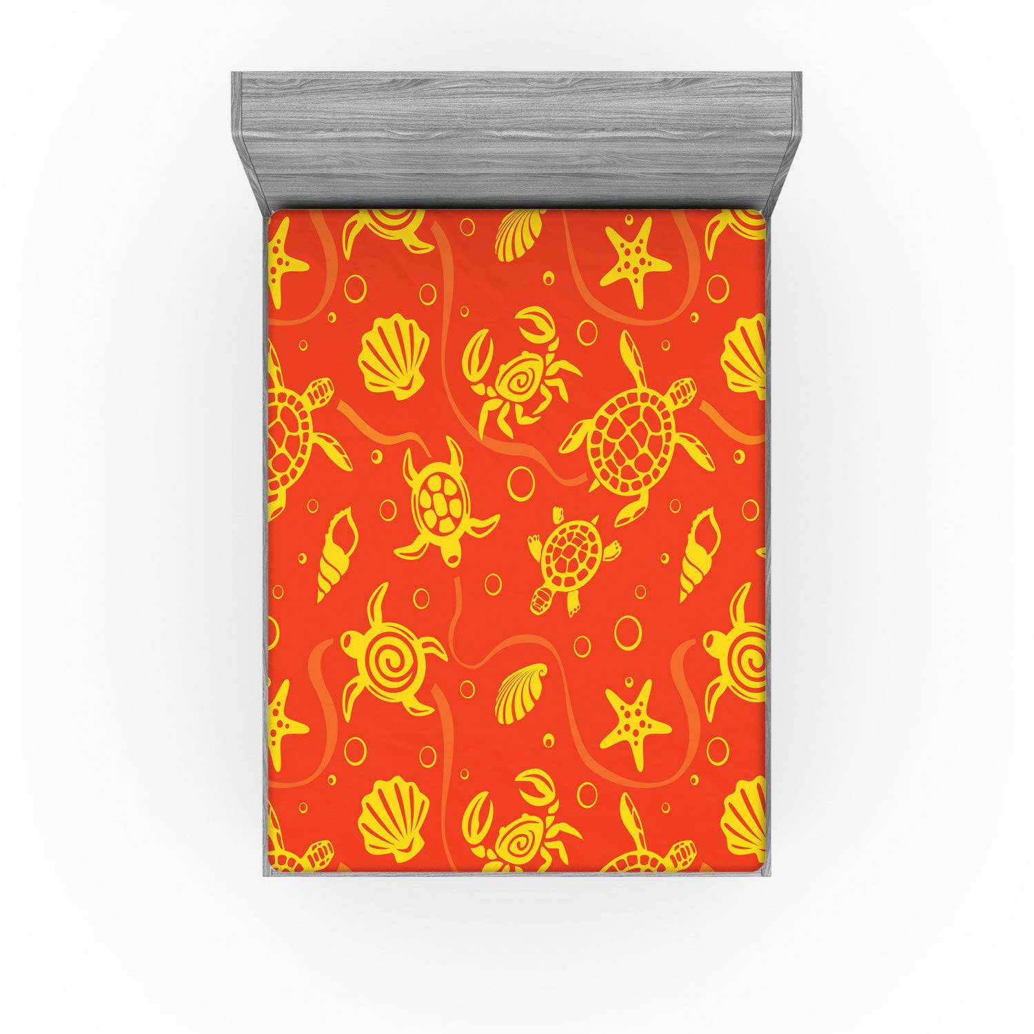 Ambesonne Orange Fitted Sheet Queen Size - Tropical Swimming Turtles, Crabs & Seashells Design with All-Around Elastic Deep Pocket - Burnt Orange Yellow Bed Cover for Comfortable Sleep | Perfect for Beach-Themed Bedrooms, Vacation Homes & Coastal Decor