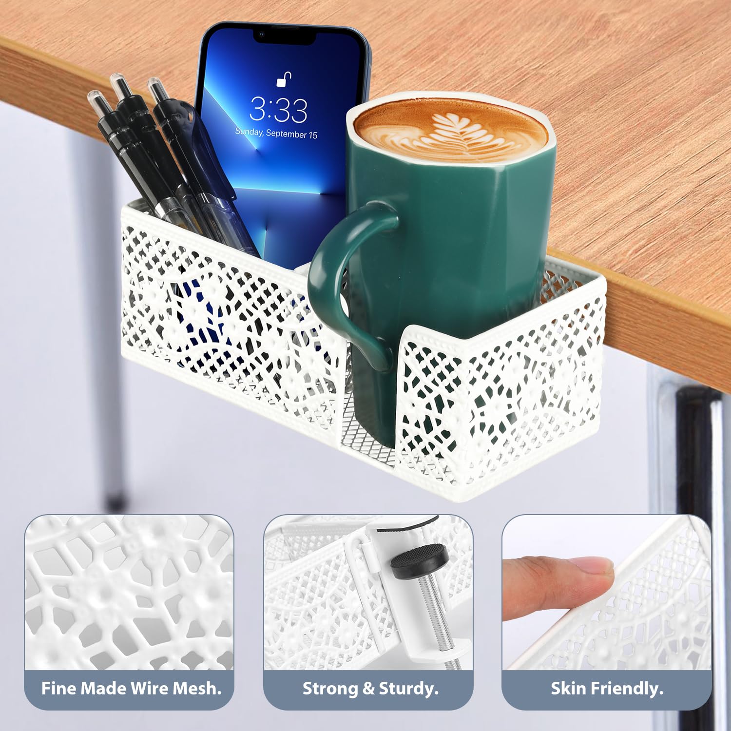 Clip-On Desk Organizer with Cup Holder, Pencil Storage & Phone Stand - Space-Saving Office & School Accessory for Beverages, Stationery & Devices - Perfect for Work, Study & Home Organization