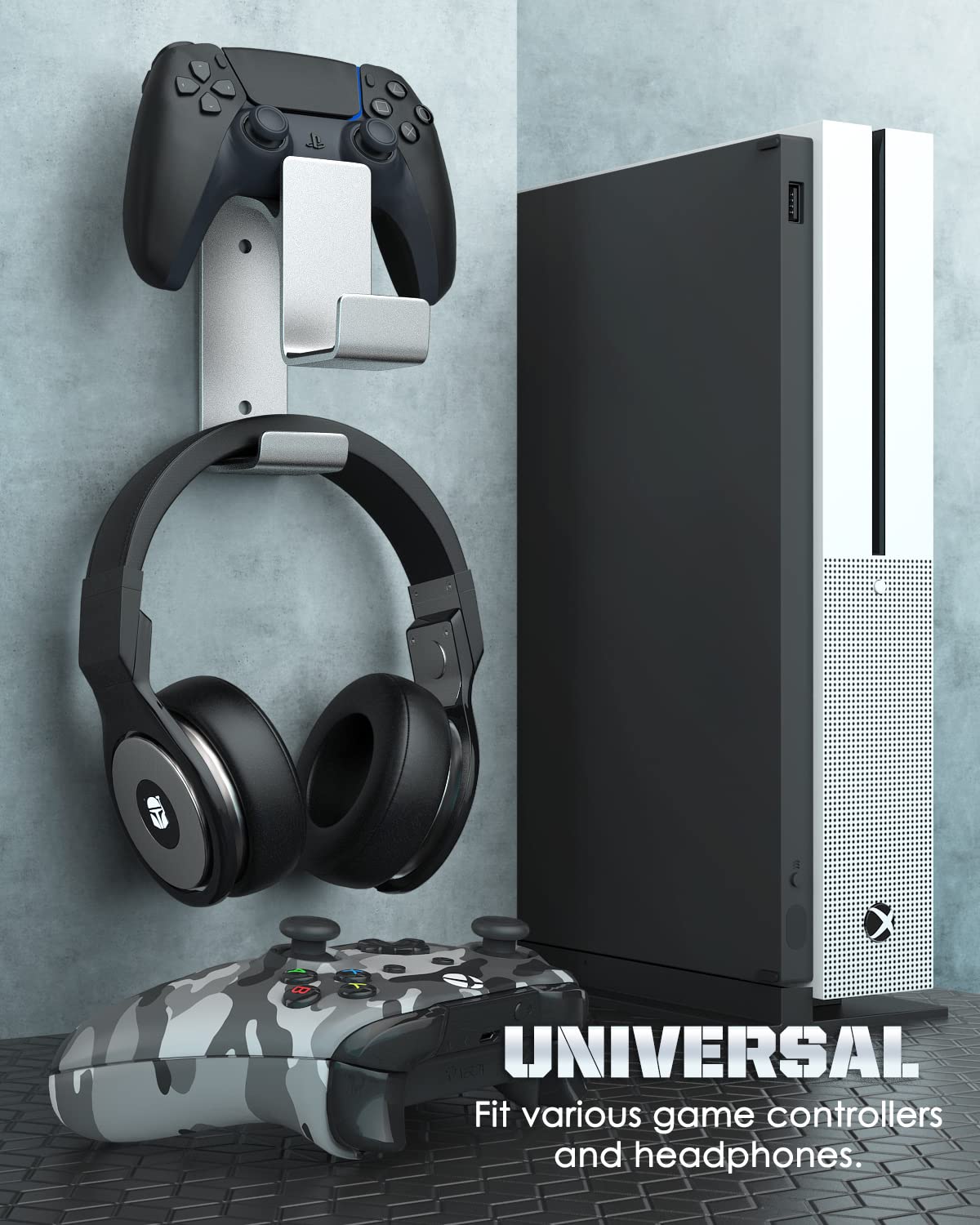 Moko Universal Headset Stand - Wall Mount Headphone Holder Compatible with PS3, PS4, PS5, PC, Steam, Switch & Gamepad Controller - Aluminum Silver | Gaming Accessories for Organized Gaming Setup