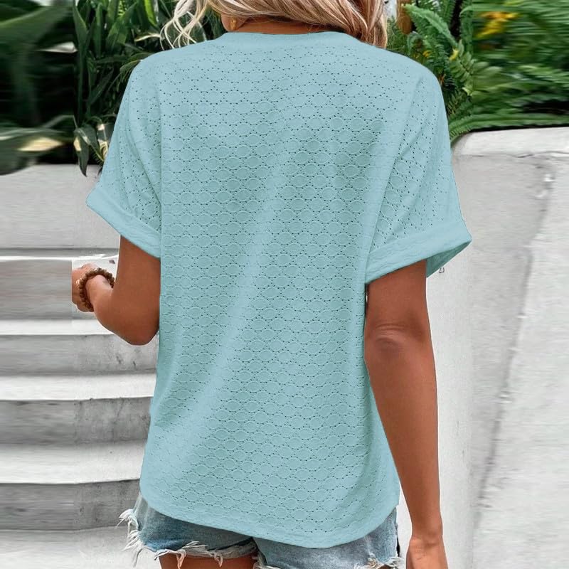 AMhomely Women's Vintage Lace Short Sleeve V-Neck Blouse - Loose Casual Waffle Tee, Elegant Plain Tunic Top with Button Detail | Perfect for Summer Outfits, Beach Wear & Casual Office Attire