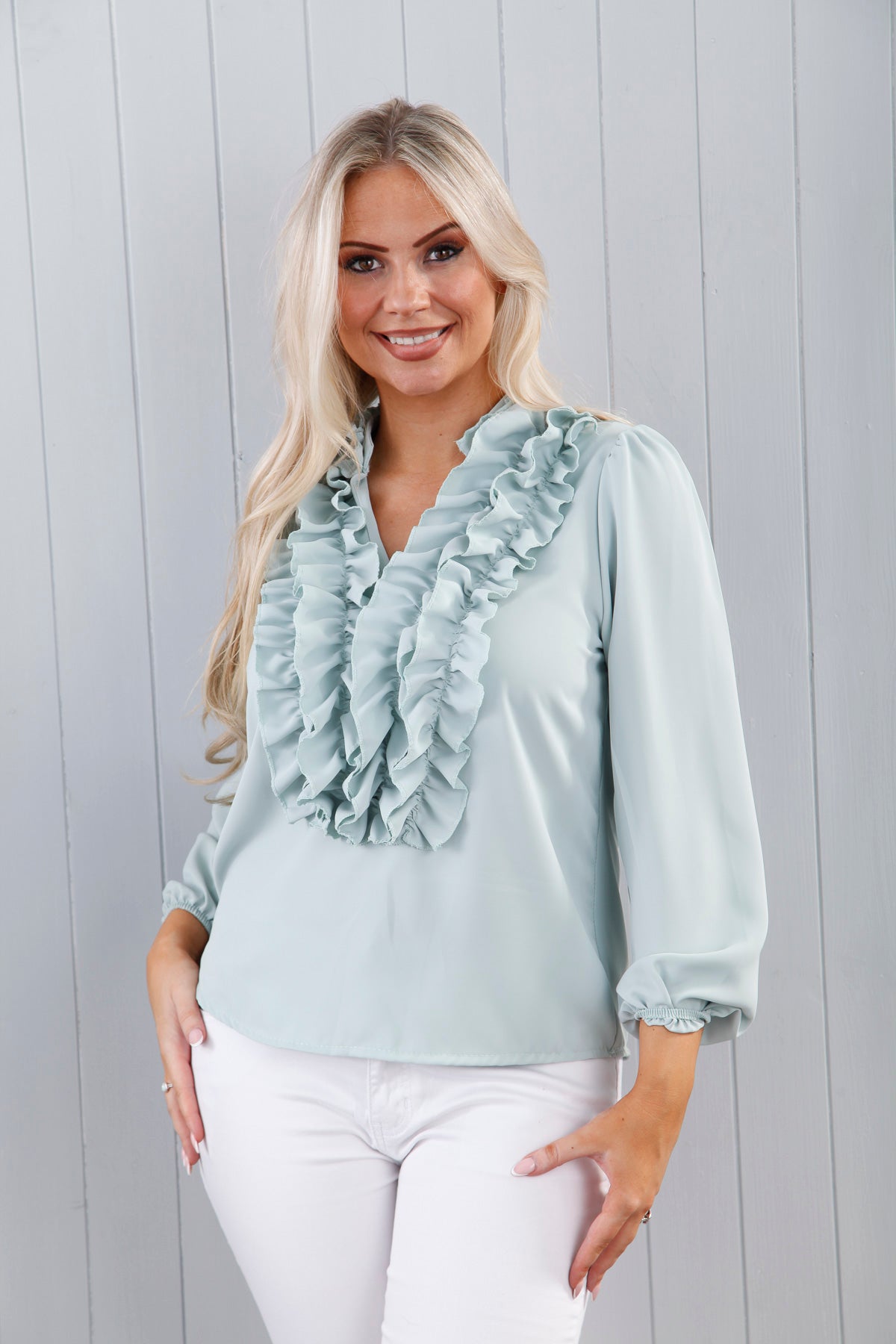 Megan Ruffle Blouse Aqua Blue - Women's Elegant Ruffled Top for Casual Wear & Office Outfits | Perfect for Spring & Summer Fashion