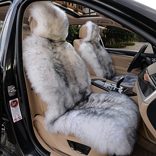 Genuine Sheepskin Car Seat Covers - Luxury Long Wool Fur Front Seat Covers Set for Winter, Universal Fit (White/Grey) | Warm & Comfortable for Cold Weather Driving, Road Trips, and Daily Commute