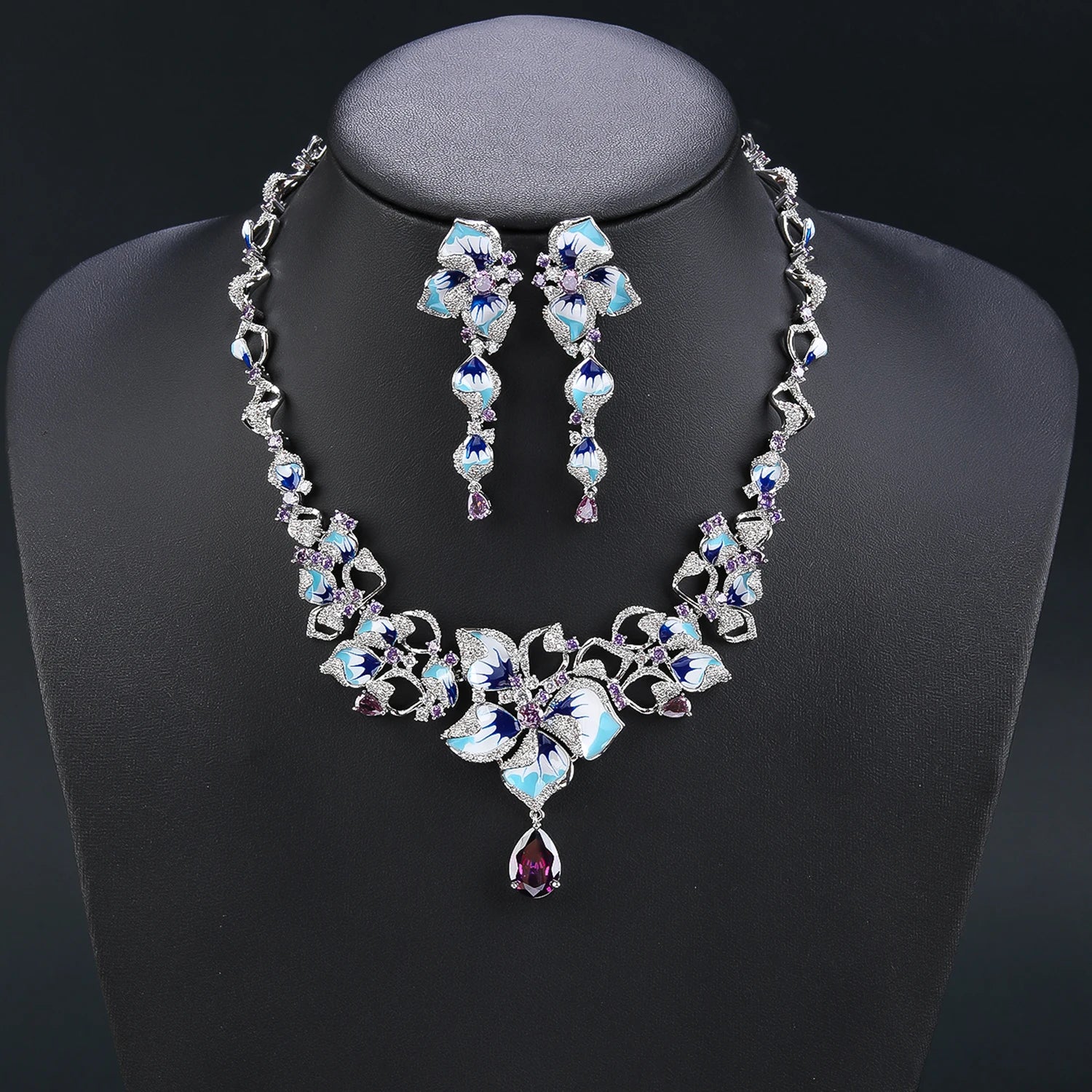 Shiny Cubic Zirconia Leaf Necklace and Earrings Set - Elegant 2 Piece Jewelry for Women, Party & Evening Wear, Gift for Her - CN11412