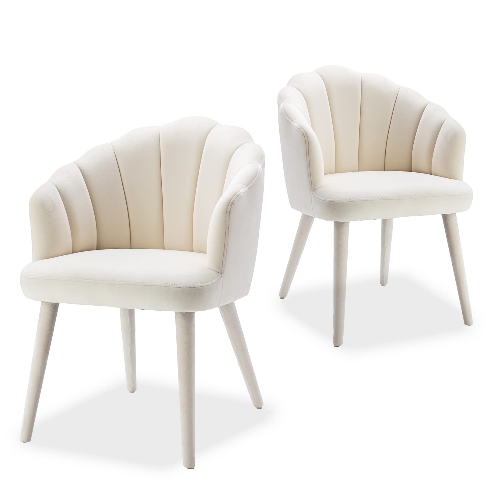 Velvet Dining Chairs Set of 2 - Mid-Century Modern Upholstered Accent Armchairs with Petal Back & Fabric-Covered Wooden Legs for Living Room, Bedroom, Kitchen Vanity - Cream | Perfect for Home Decor, Dining Sets & Cozy Reading Nooks