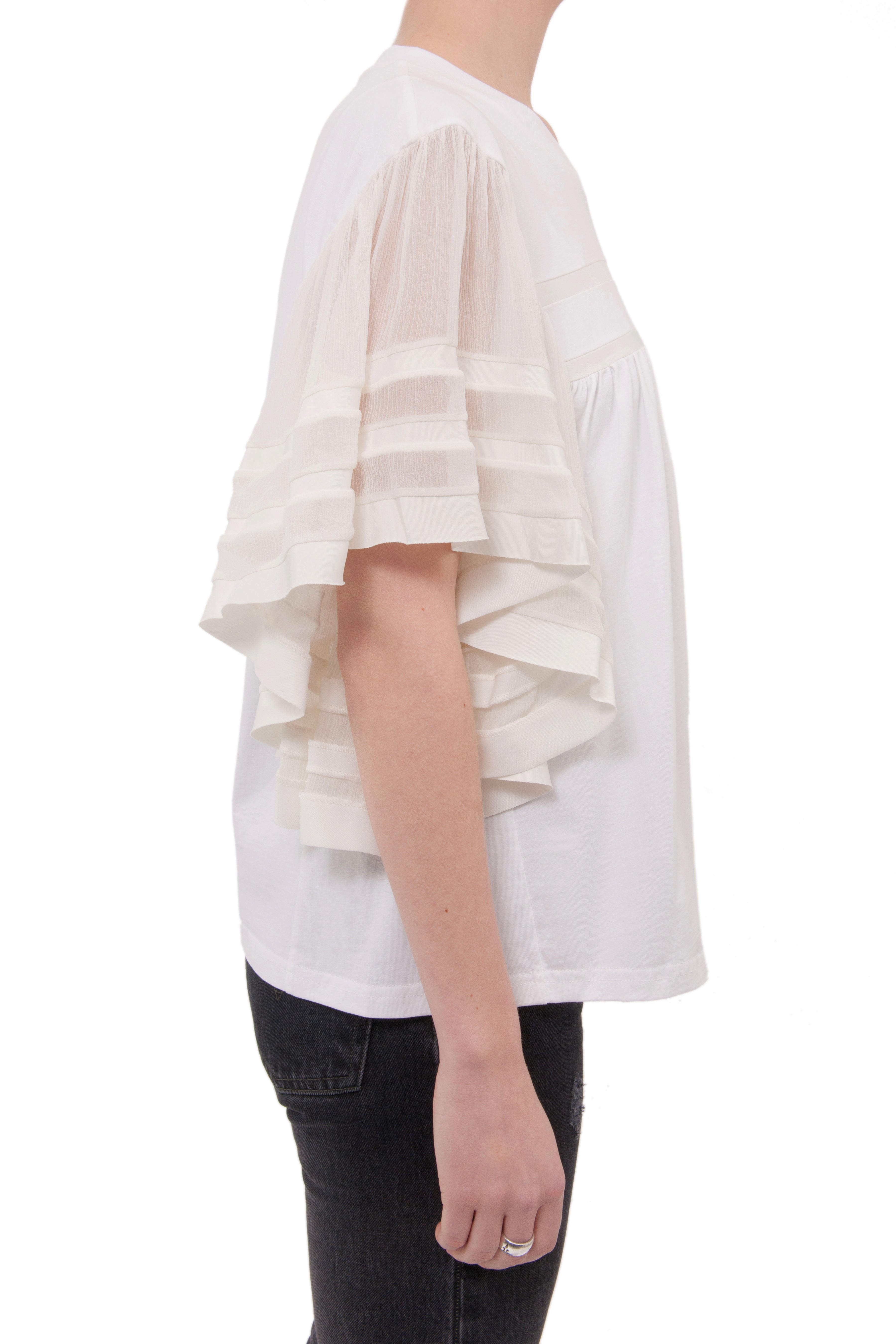 Chloe Spring 2017 Women's White T-Shirt with Ivory Silk Chiffon Ruffle Sleeves - Elegant Blouse for Casual Wear, Office Outfits & Spring Fashion