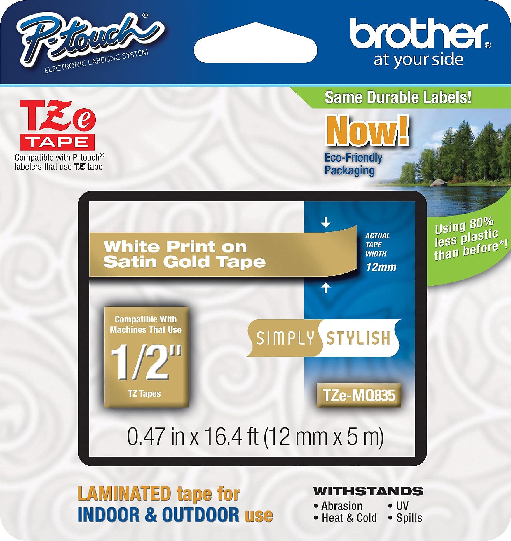 Brother TZMQ835 Satin Gold Label Tape - White Text on Gold, Perfect for Office Labeling, Home Organization & Craft Projects