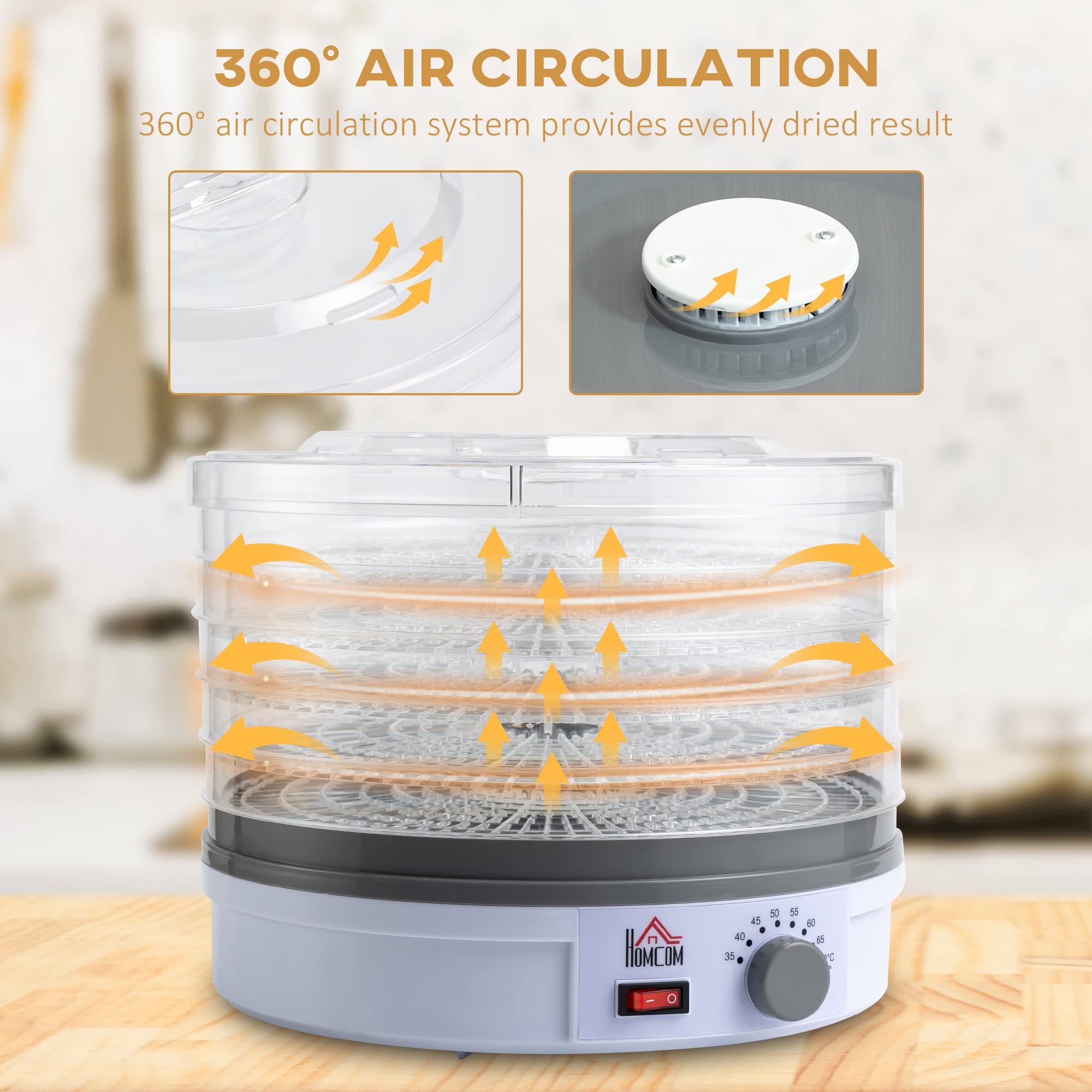 HOMCOM 5-Tier Food Dehydrator Machine - 245W Adjustable Temperature Control for Drying Fruits, Vegetables, Meat, Jerky & Pet Treats - White | Perfect for Home Kitchen, Camping & Healthy Snack Preparation