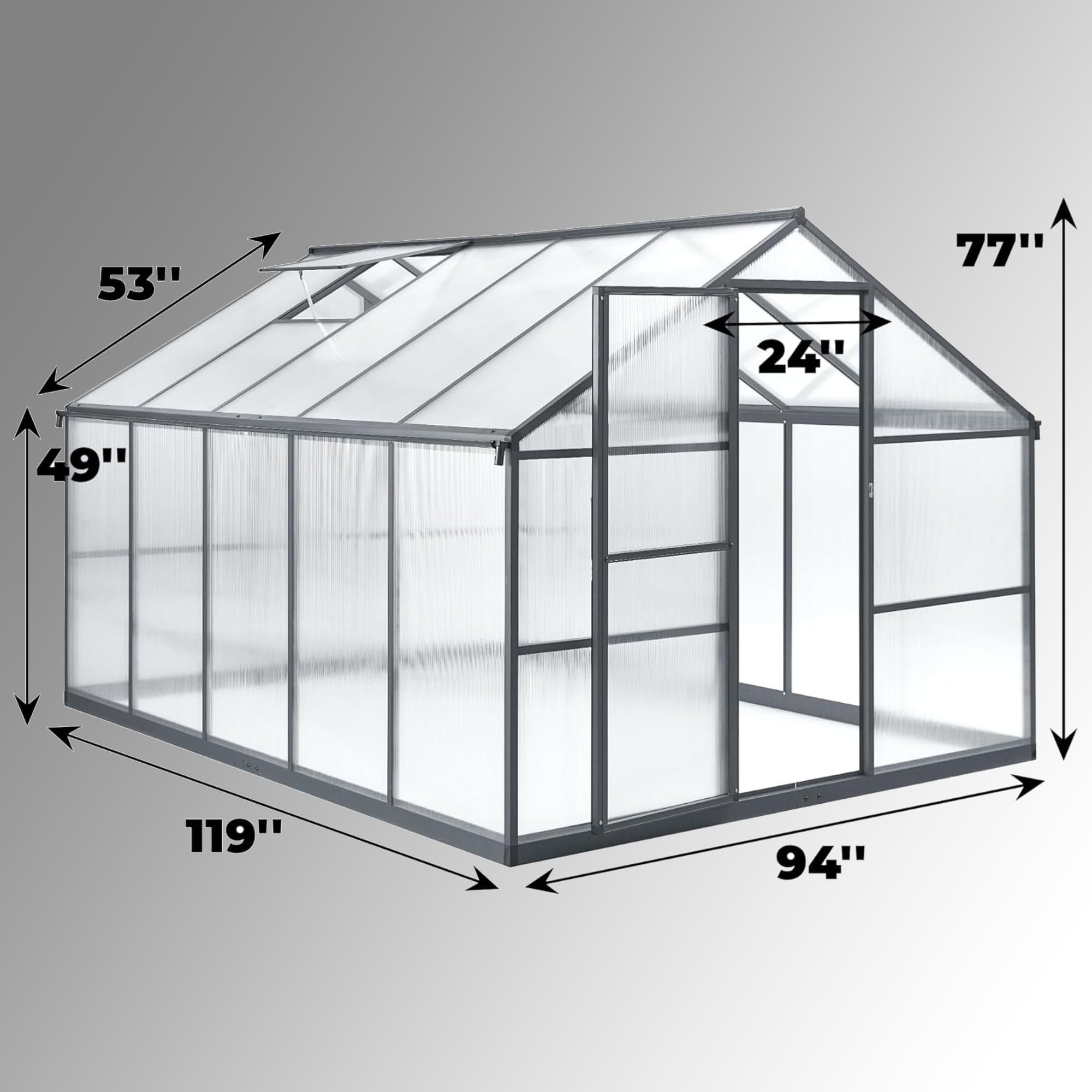 8x10 FT Polycarbonate Greenhouse for Outdoors - Large Aluminum Walk-in Garden Greenhouse with Adjustable Roof Vent (Gray) - Perfect for Backyard Gardening, Plant Protection & Year-Round Growing