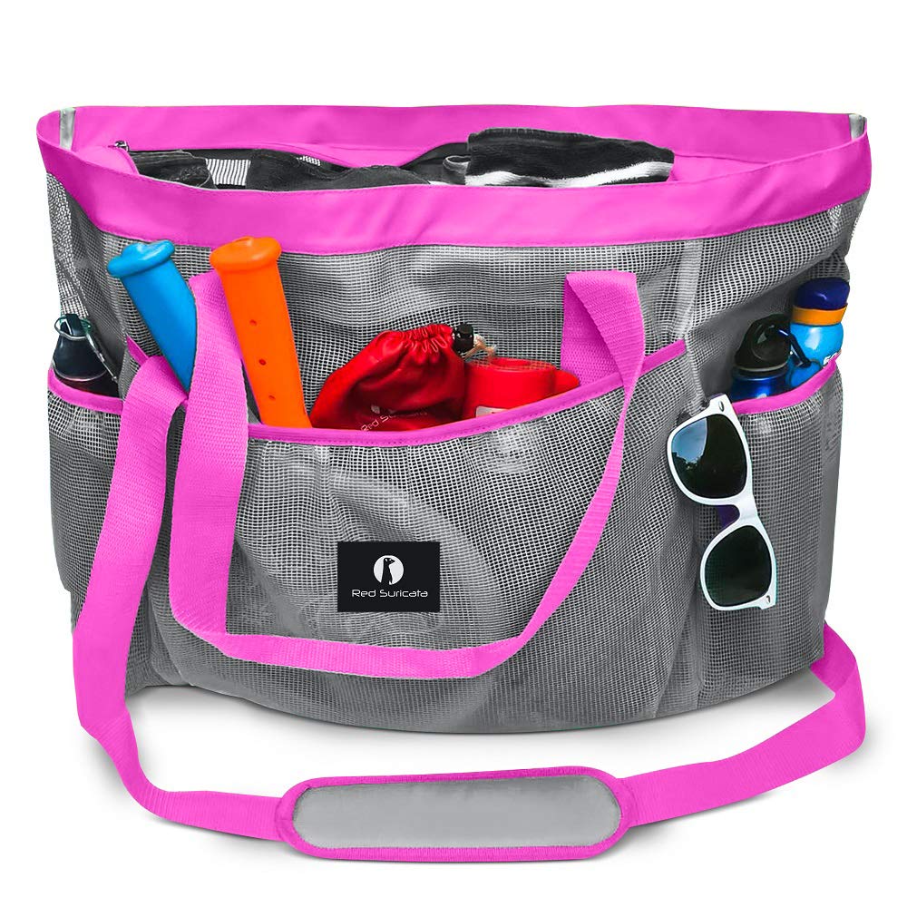 Red Suricata Mesh Beach Bag with Zipper - Extra Large Waterproof Tote for Pool, Beach & Travel | Lightweight Carryall for Swimwear, Towels & Essentials