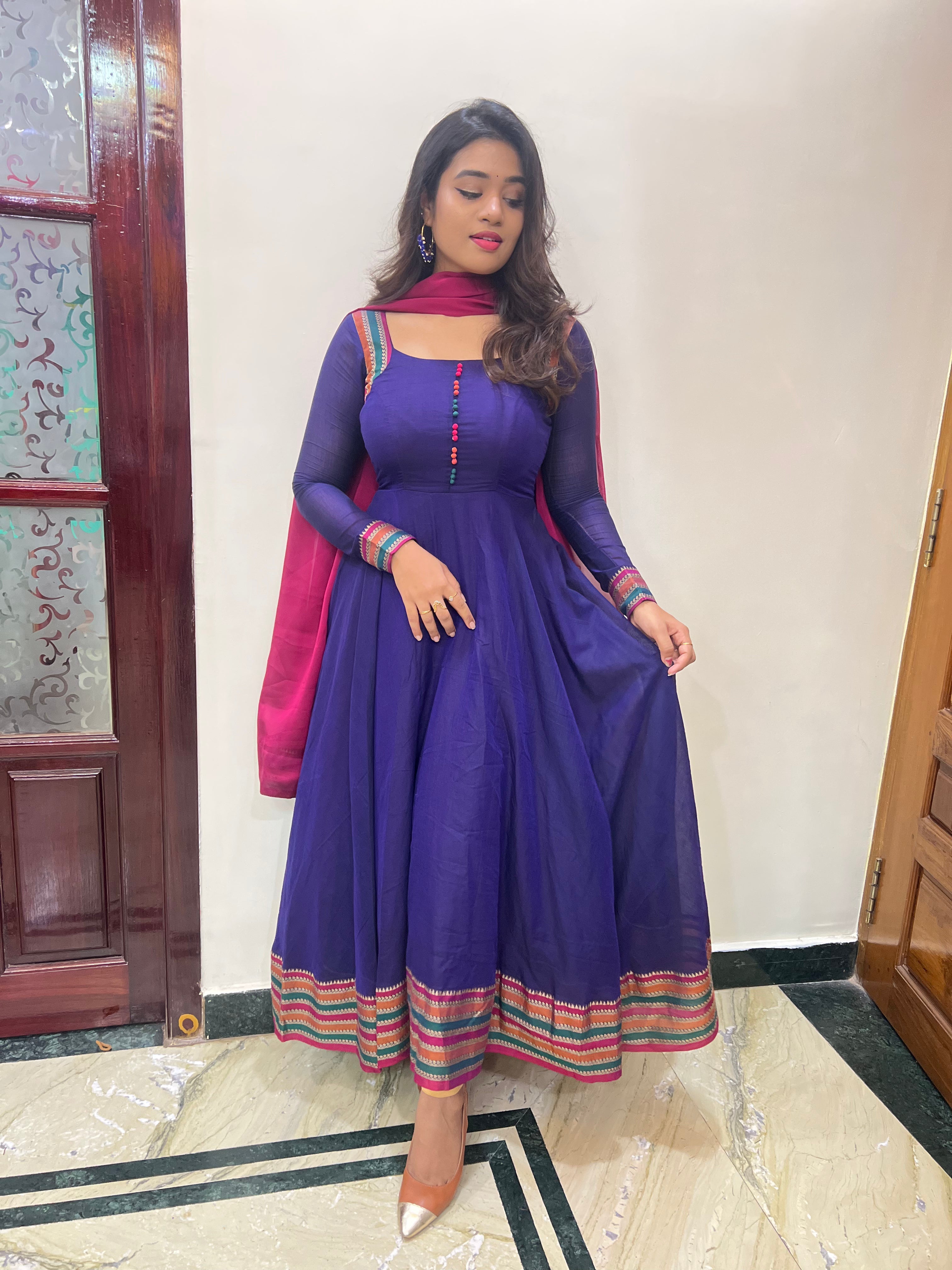 DD658 Meenakshi Pure Handloom Anarkali Dress - Traditional Indian Ethnic Wear for Women - Perfect for Weddings, Festivals & Special Occasions